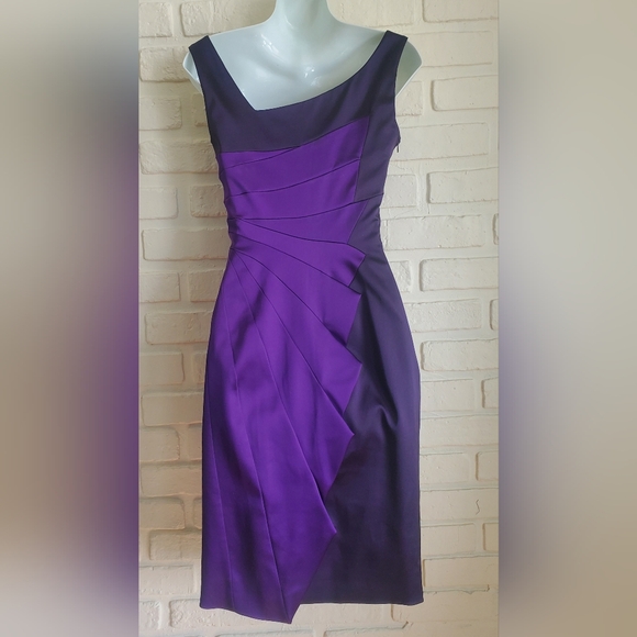 Karen Millen Satin Cocktail Dress Asymmetrical Ruffle Stretch Rich Purple - Picture 12 of 16